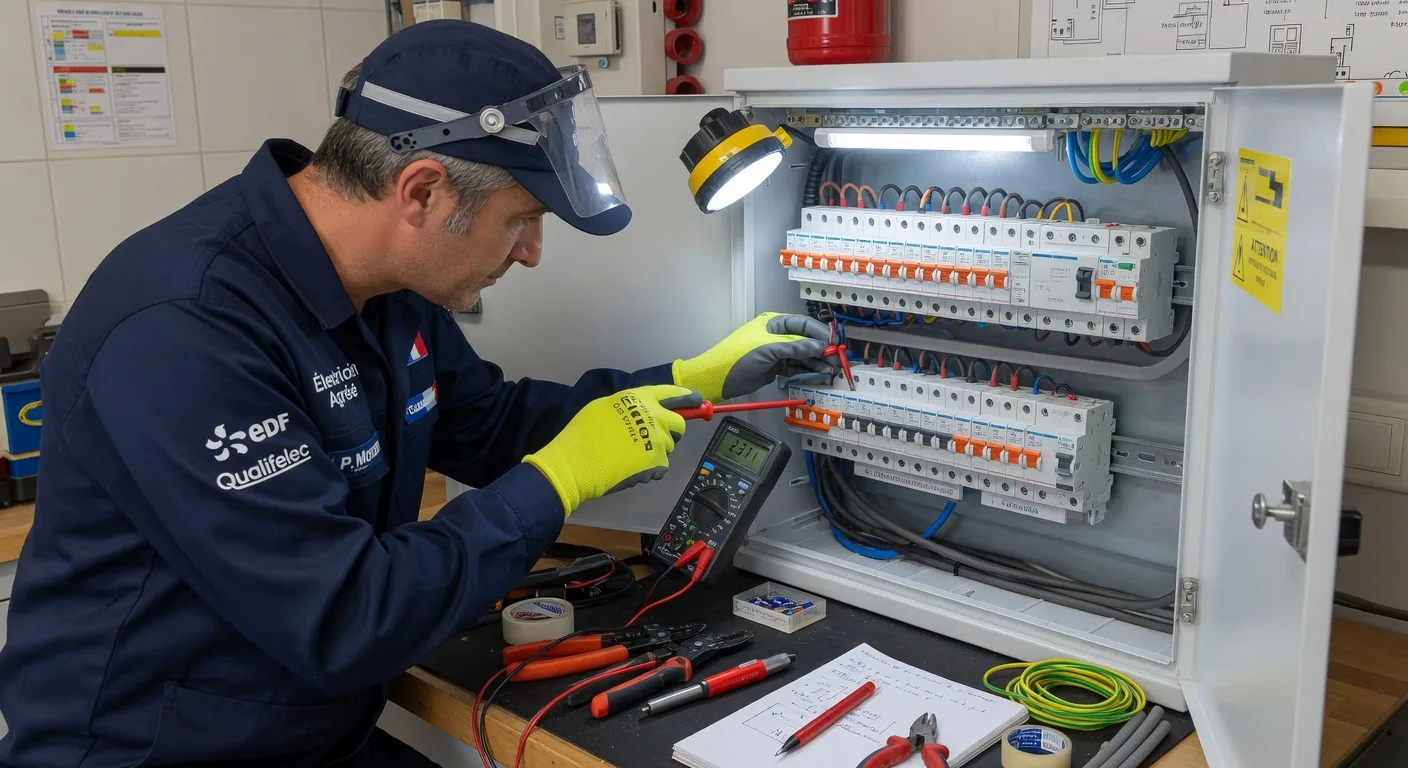 Électricien VoltPro au travail sur un tableau électrique
